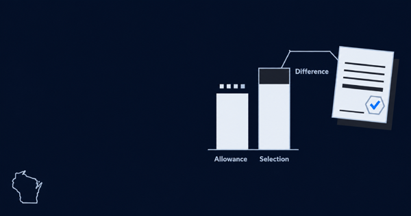 Two blocks comparing an included allowance and a final selection, with the difference isolated and flowing into a change order document with a blue approval checkmark