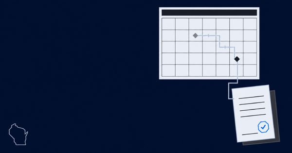 A calendar grid with a milestone marker moved to a later date, flowing into a delay notice with a blue approval check