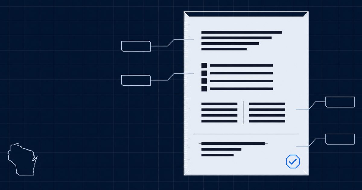 A blueprint-style scope document with labeled callouts for Work, Materials, Responsibilities, and Exclusions on a navy grid