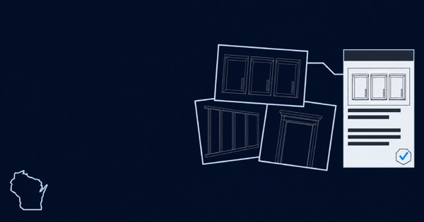 A jobsite photo frame moving from a group of unsorted images into a captioned Exhibit A document with a blue approval checkmark