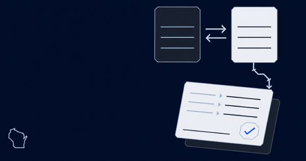 Two product cards joined by exchange arrows, flowing into a change order with a blue approval check