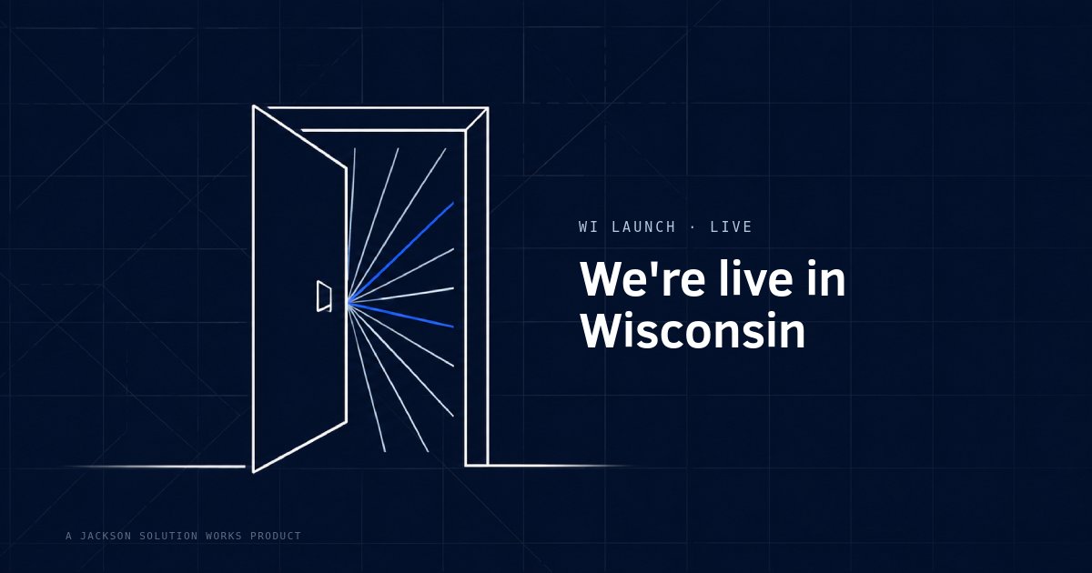 Open angular doorway with light rays on a navy blueprint background, marking launch day