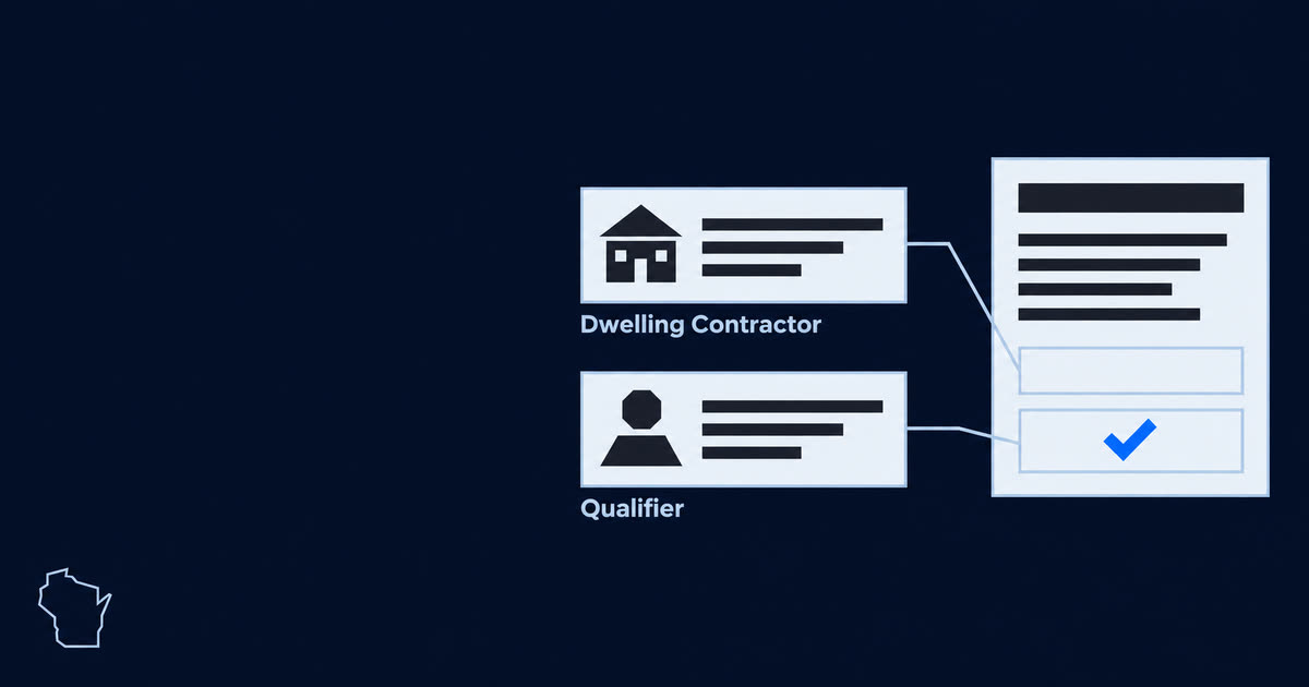 Two credential cards representing a contracting business and an individual qualifier beside a permit document with a blue approval check