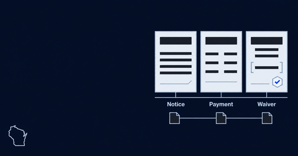 Three document cards for a notice, a payment record, and a lien waiver with a blue approval check, above connected subcontractor and supplier records