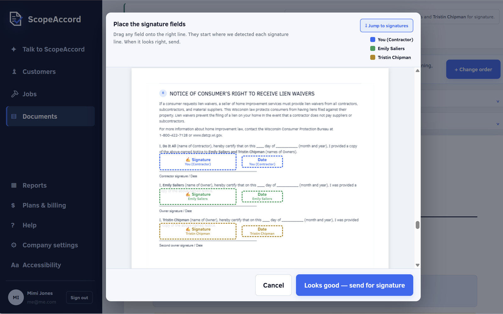 Send for signature: placing e-signature fields on a finished Wisconsin contract