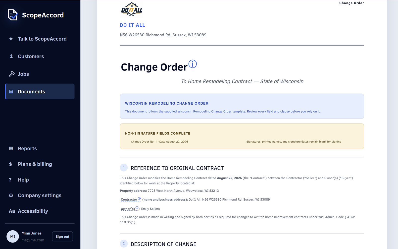 Wisconsin change order document with running total and cancellation notice
