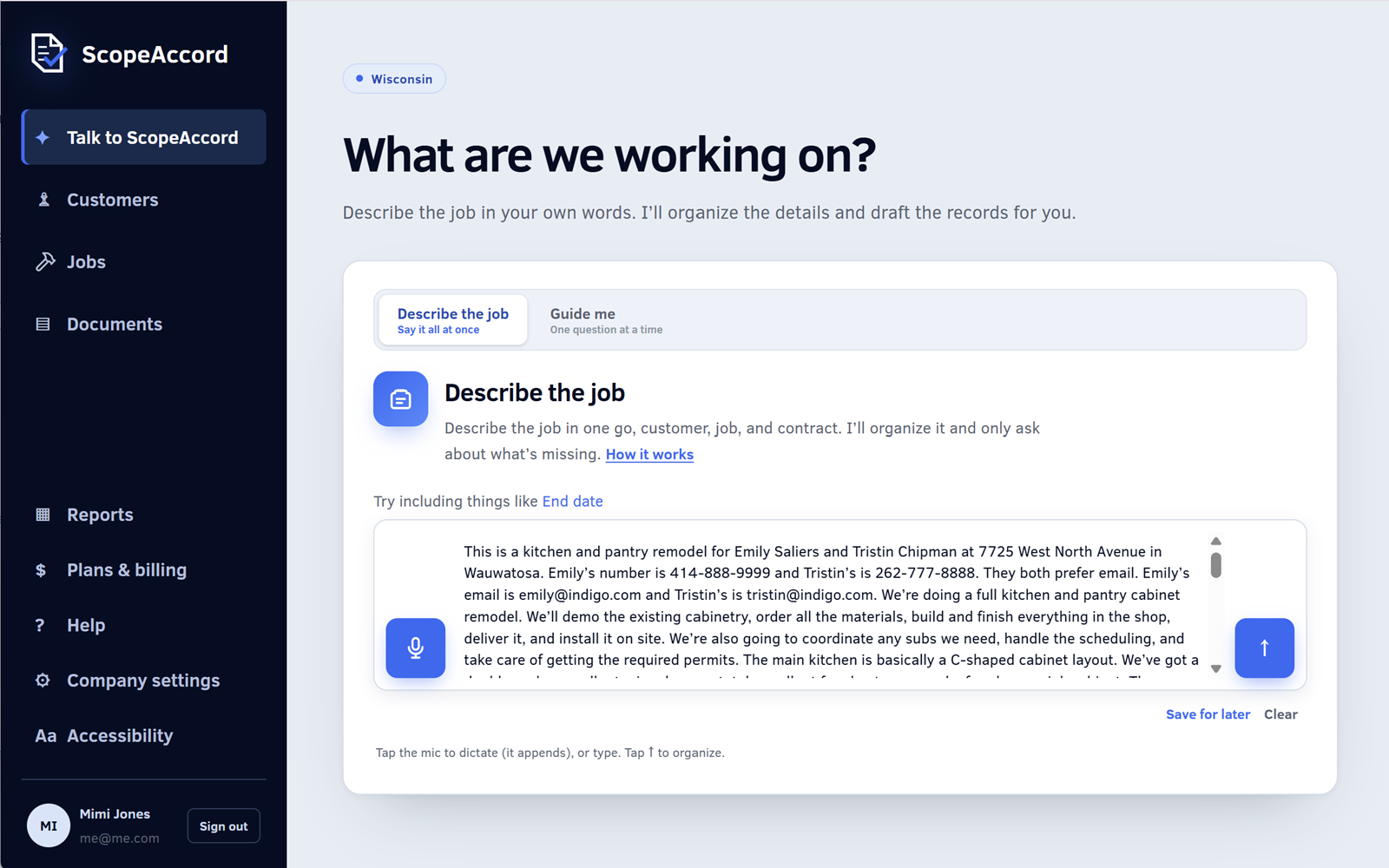 Describe the job: voice and text input box for plain-English job details