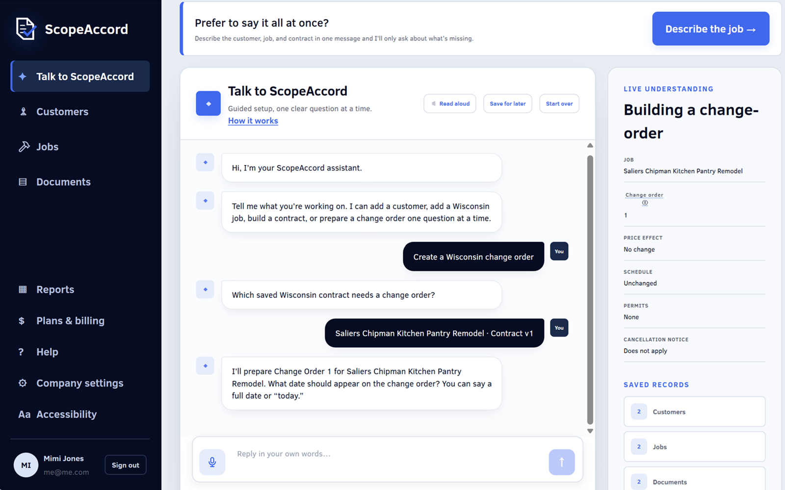 Guide me: assistant asking one question at a time and filling the contract as you answer